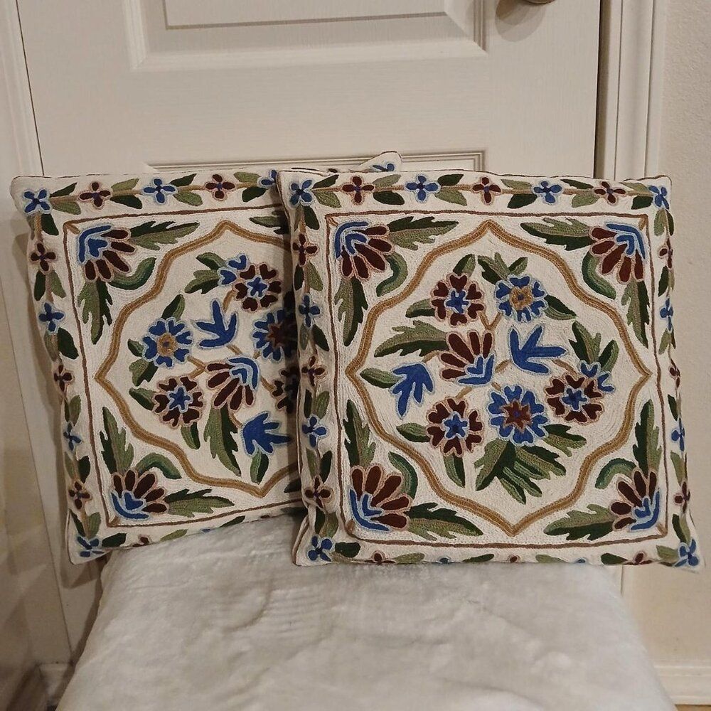 Two New 16x16 Floral Crewel Embroidery 2 Ply Chainstitch Throw Pillows